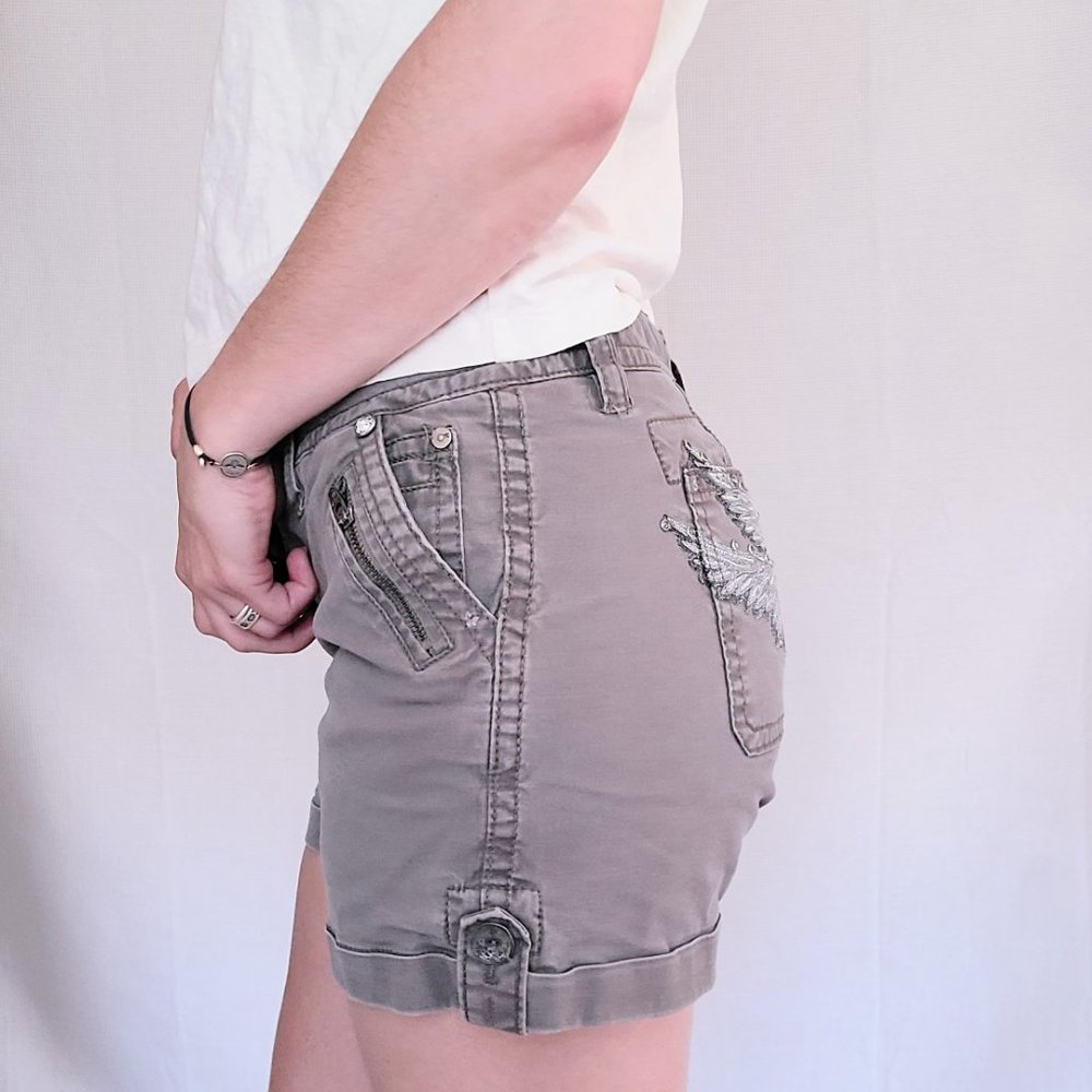 Miss Me Mauve Purple Cargo Denim Shorts Embroidered Wings Back Pockets - 28 - Picture 7 of 14